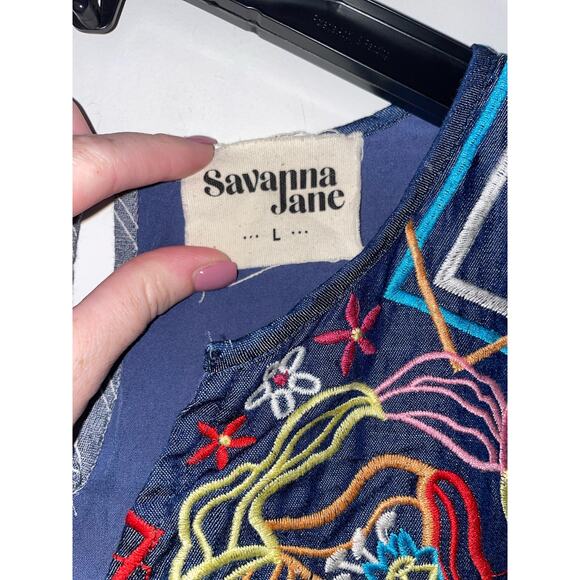 Savanna Jane size Large Embroidered Sleeveless Chambray Mini Dress Boho Southern - Picture 2 of 11